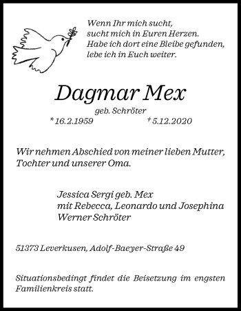 Anzeige von Dagmar Mex von Kölner Stadt-Anzeiger / Kölnische Rundschau / Express