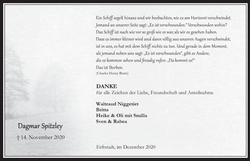  Traueranzeige für Dagmar Spitzley vom 18.12.2020 aus  Werbepost 