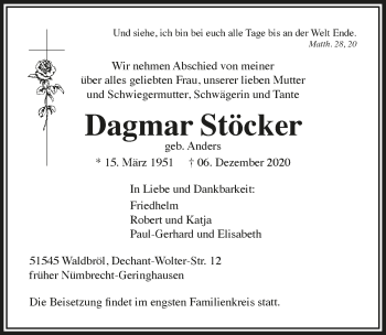 Anzeige von Dagmar Stöcker von  Lokalanzeiger 