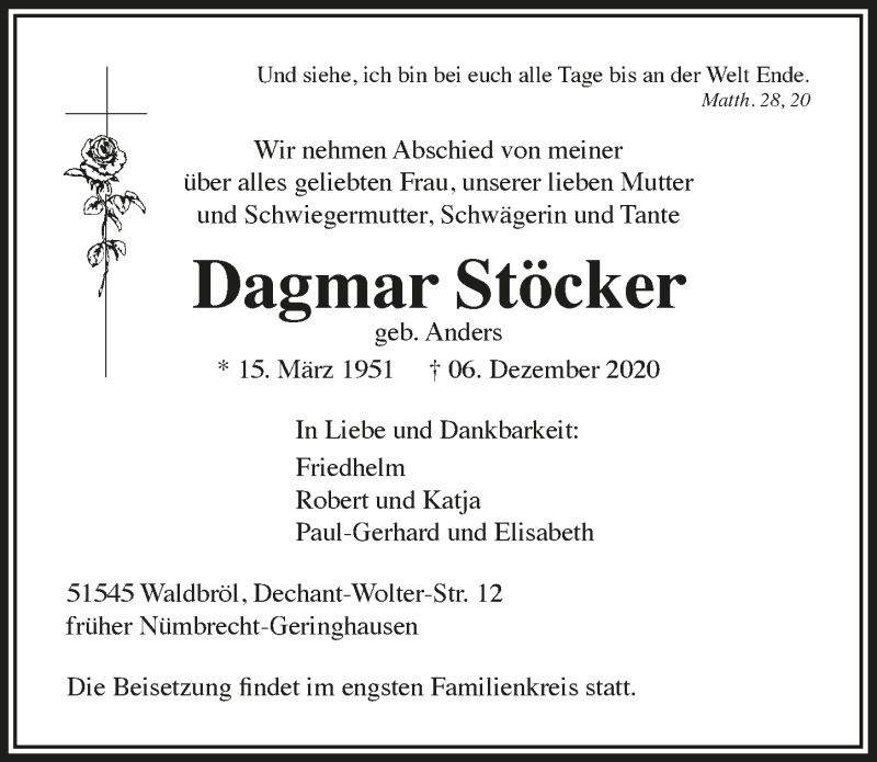  Traueranzeige für Dagmar Stöcker vom 11.12.2020 aus  Lokalanzeiger 