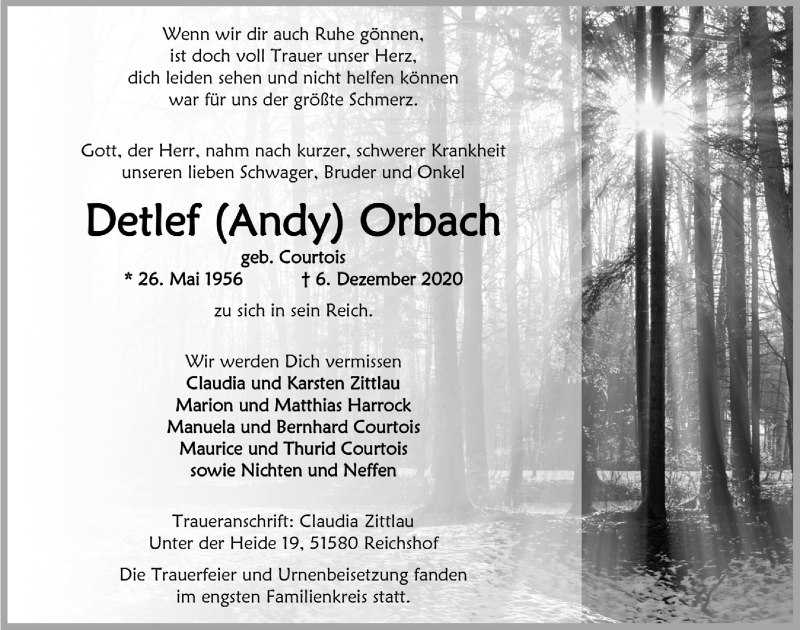  Traueranzeige für Detlef  Orbach vom 18.12.2020 aus  Lokalanzeiger 