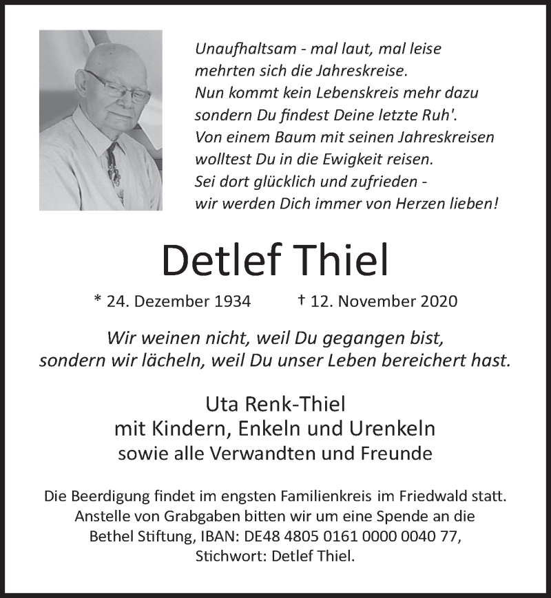  Traueranzeige für Detlef Thiel vom 04.12.2020 aus  Werbepost 