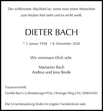 Anzeige von Dieter Bach von Kölner Stadt-Anzeiger / Kölnische Rundschau / Express
