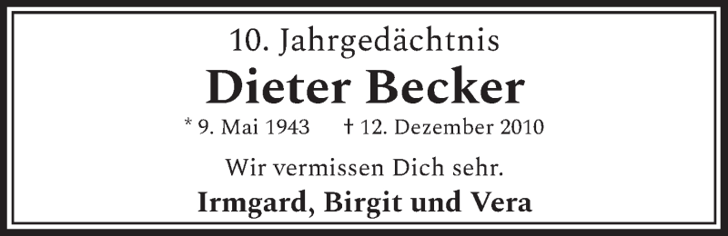  Traueranzeige für Dieter Becker vom 11.12.2020 aus  Schlossbote/Werbekurier 