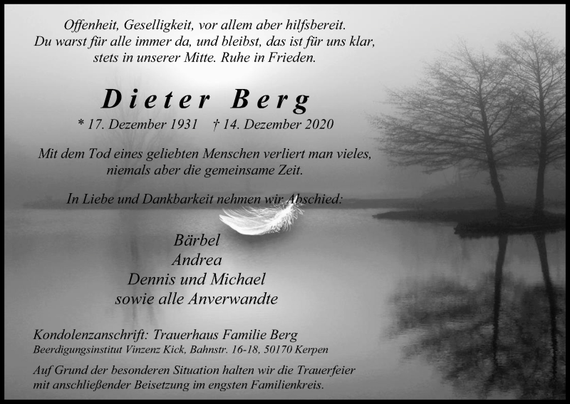  Traueranzeige für Dieter Berg vom 19.12.2020 aus Kölner Stadt-Anzeiger / Kölnische Rundschau / Express