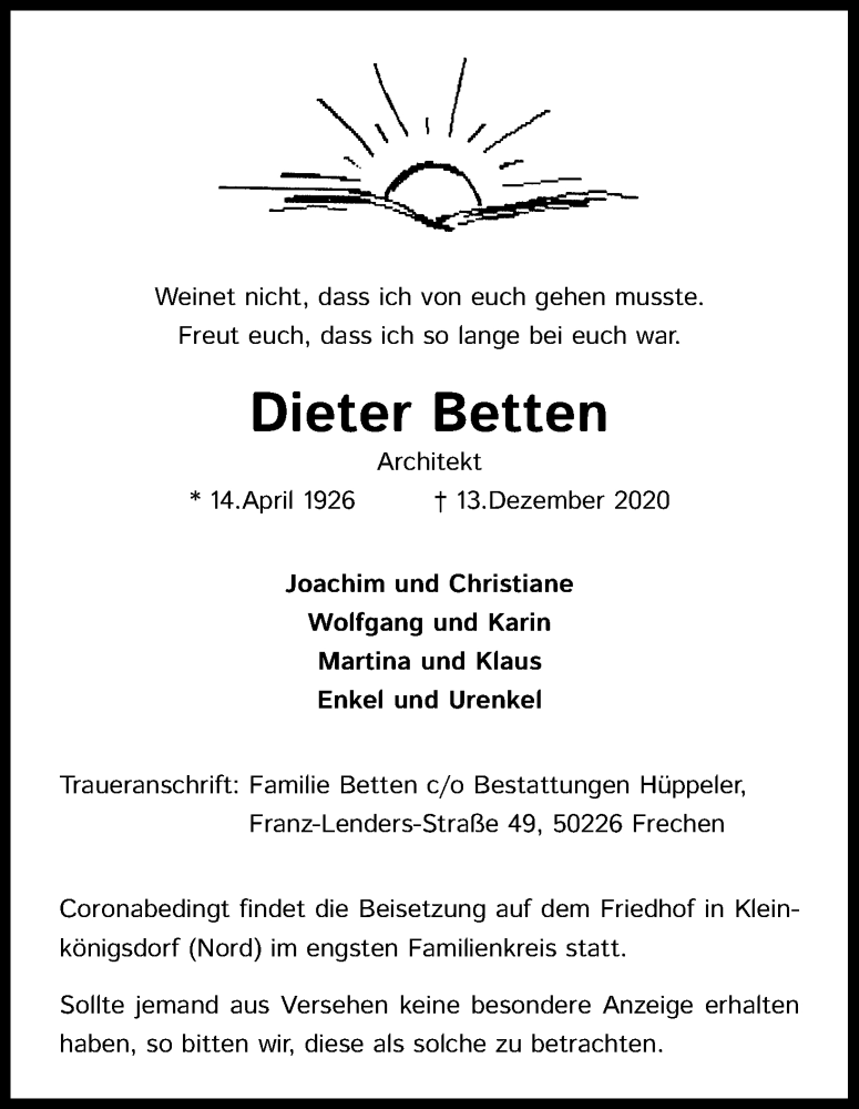  Traueranzeige für Dieter Betten vom 19.12.2020 aus Kölner Stadt-Anzeiger / Kölnische Rundschau / Express