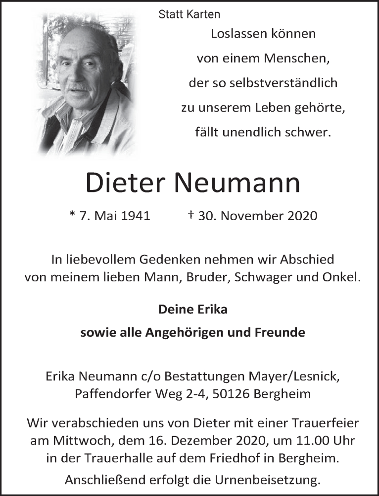  Traueranzeige für Dieter Neumann vom 11.12.2020 aus  Werbepost 