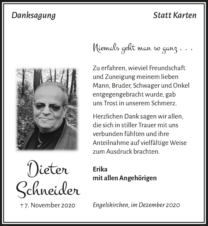  Traueranzeige für Dieter Schneider vom 18.12.2020 aus  Anzeigen Echo 