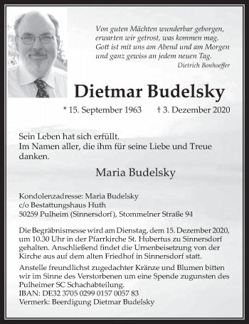 Anzeige von Dietmar Budelsky von  Wochenende 