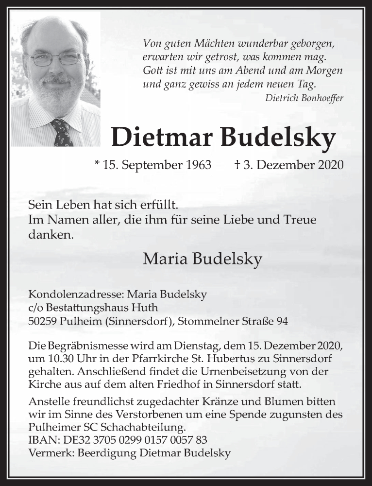  Traueranzeige für Dietmar Budelsky vom 11.12.2020 aus  Wochenende 