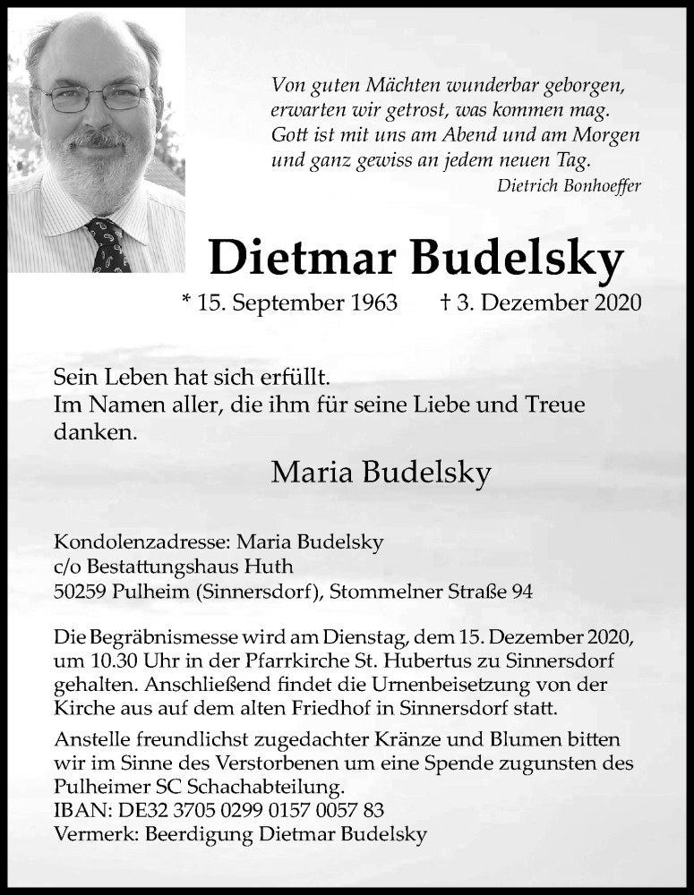  Traueranzeige für Dietmar Budelsky vom 12.12.2020 aus Kölner Stadt-Anzeiger / Kölnische Rundschau / Express