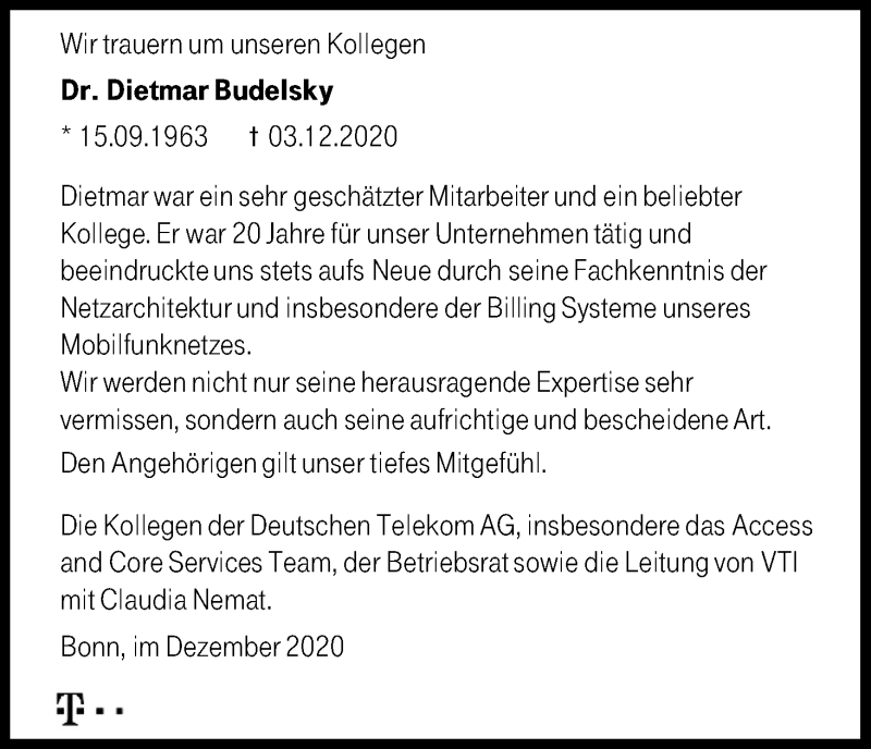  Traueranzeige für Dietmar Budelsky vom 12.12.2020 aus Kölner Stadt-Anzeiger / Kölnische Rundschau / Express