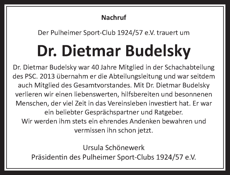  Traueranzeige für Dietmar Budelsky vom 18.12.2020 aus  Wochenende 