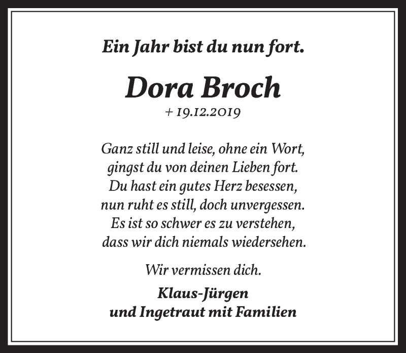  Traueranzeige für Dora Broch vom 18.12.2020 aus  Werbepost 