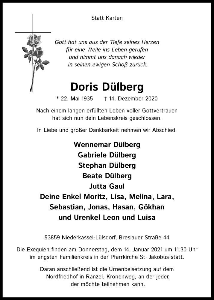  Traueranzeige für Doris Dülberg vom 19.12.2020 aus Kölner Stadt-Anzeiger / Kölnische Rundschau / Express