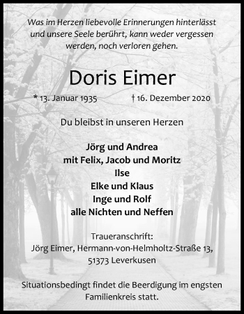 Anzeige von Doris Eimer von Kölner Stadt-Anzeiger / Kölnische Rundschau / Express
