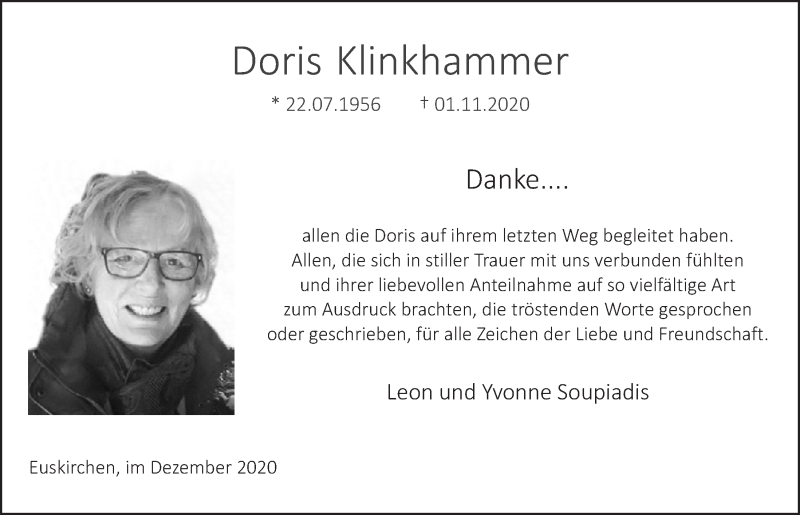  Traueranzeige für Doris Klinkhammer vom 12.12.2020 aus  Blickpunkt Euskirchen 