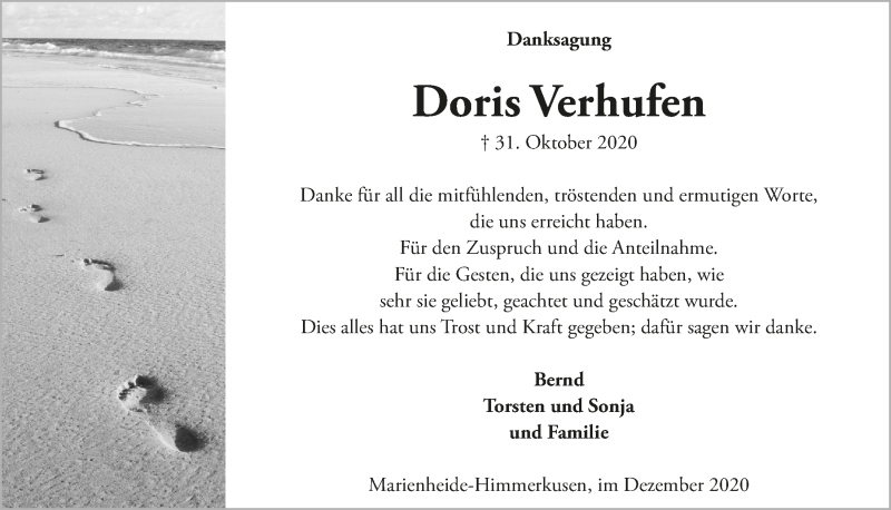  Traueranzeige für Doris Verhufen vom 18.12.2020 aus  Anzeigen Echo 