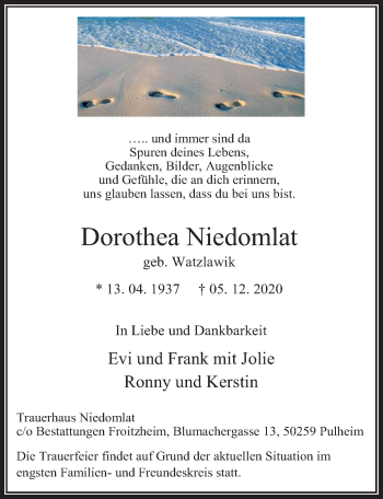 Anzeige von Dorothea Niedomlat von  Wochenende 