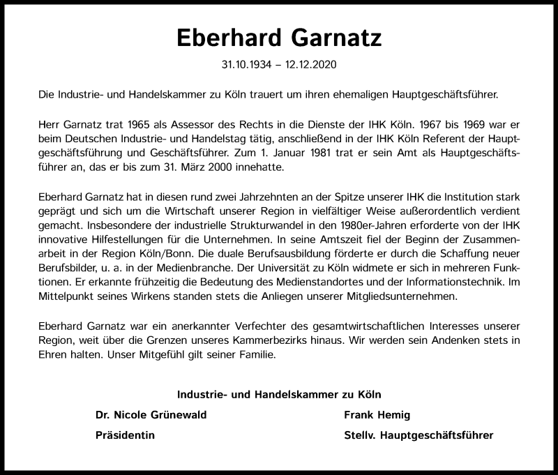  Traueranzeige für Eberhard Garnatz vom 19.12.2020 aus Kölner Stadt-Anzeiger / Kölnische Rundschau / Express