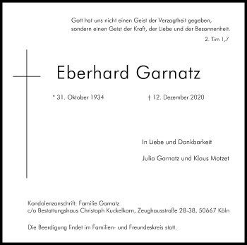 Anzeige von Eberhard Garnatz von Kölner Stadt-Anzeiger / Kölnische Rundschau / Express