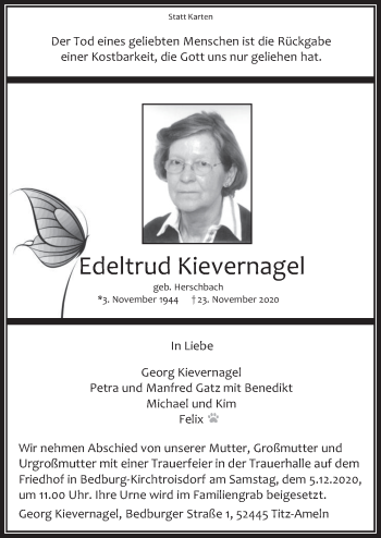 Anzeige von Edeltrud Kievernagel von  Werbepost 