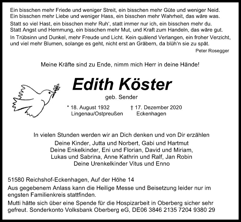  Traueranzeige für Edith Köster vom 22.12.2020 aus Kölner Stadt-Anzeiger / Kölnische Rundschau / Express