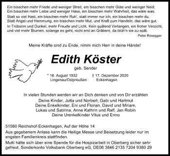 Anzeige von Edith Köster von Kölner Stadt-Anzeiger / Kölnische Rundschau / Express