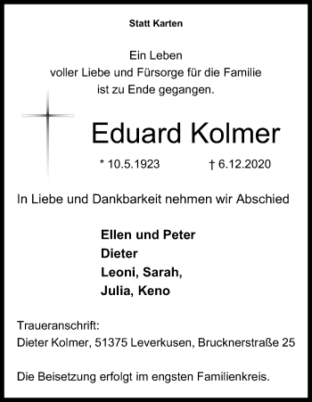 Anzeige von Eduard Kolmer von Kölner Stadt-Anzeiger / Kölnische Rundschau / Express