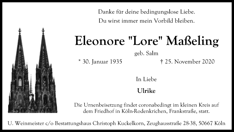  Traueranzeige für Eleonore Maßeling vom 05.12.2020 aus Kölner Stadt-Anzeiger / Kölnische Rundschau / Express