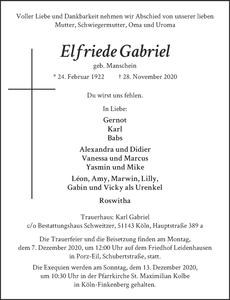  Traueranzeige für Elfriede Gabriel vom 04.12.2020 aus  Kölner Wochenspiegel 