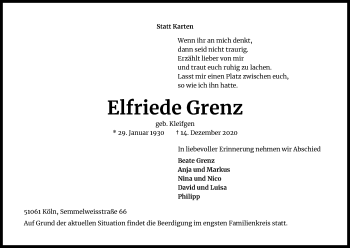 Anzeige von Elfriede Grenz von Kölner Stadt-Anzeiger / Kölnische Rundschau / Express
