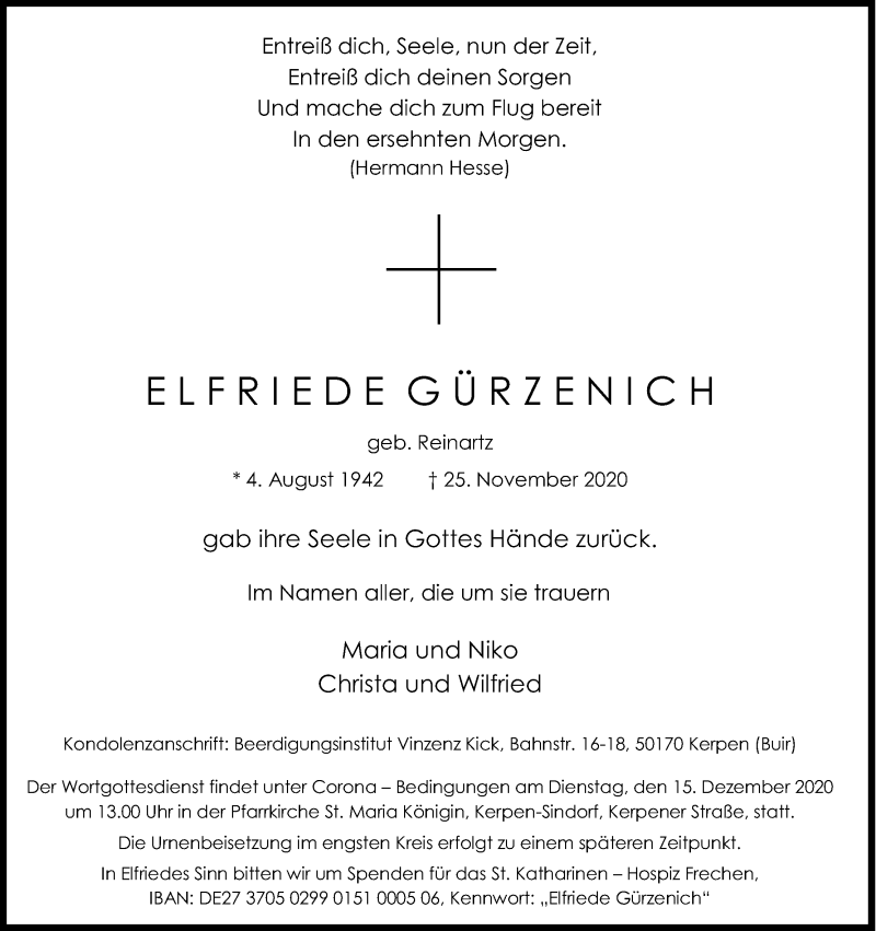  Traueranzeige für Elfriede Gürzenich vom 12.12.2020 aus Kölner Stadt-Anzeiger / Kölnische Rundschau / Express