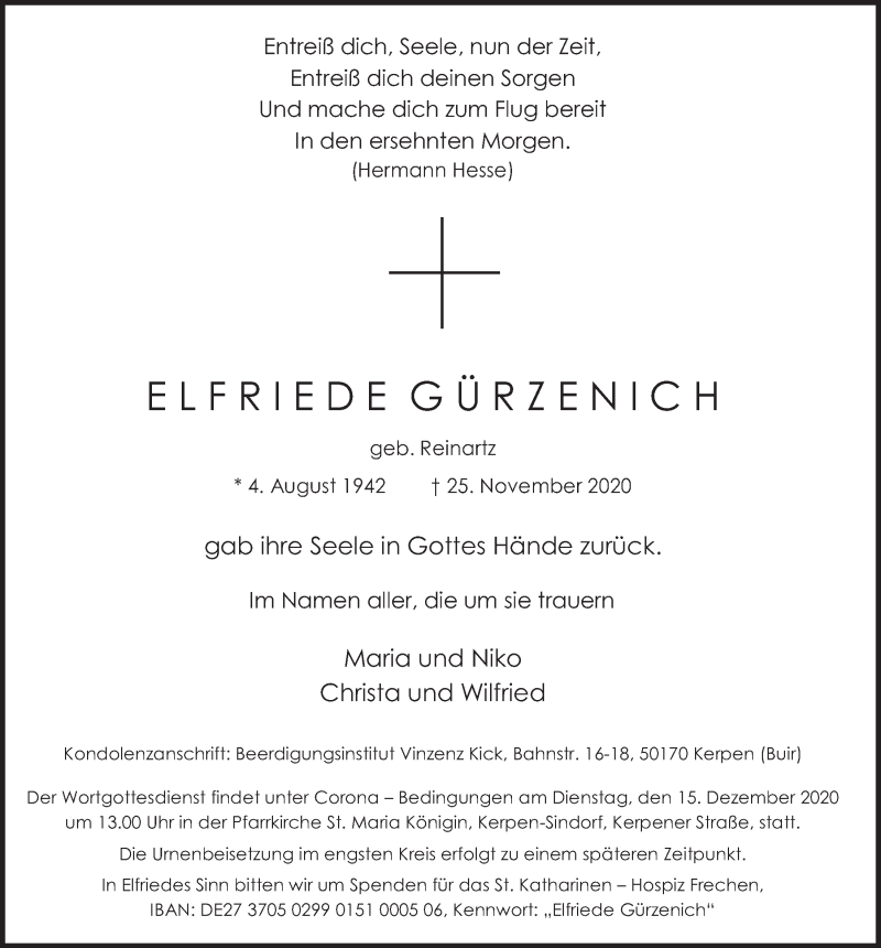  Traueranzeige für Elfriede Gürzenich vom 11.12.2020 aus  Werbepost 