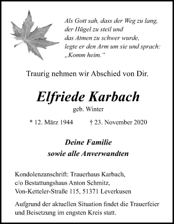 Anzeige von Elfriede Karbach von Kölner Stadt-Anzeiger / Kölnische Rundschau / Express
