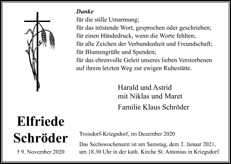  Traueranzeige für Elfriede Schröder vom 22.12.2020 aus Kölner Stadt-Anzeiger / Kölnische Rundschau / Express