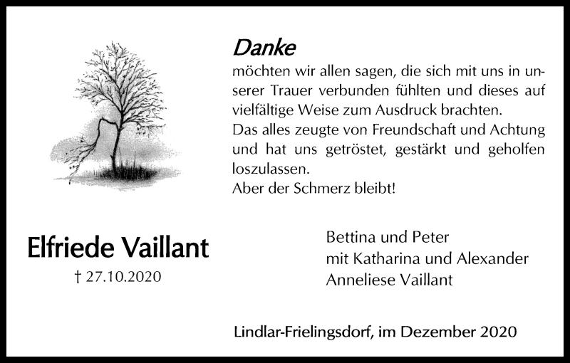  Traueranzeige für Elfriede Vaillant vom 12.12.2020 aus Kölner Stadt-Anzeiger / Kölnische Rundschau / Express