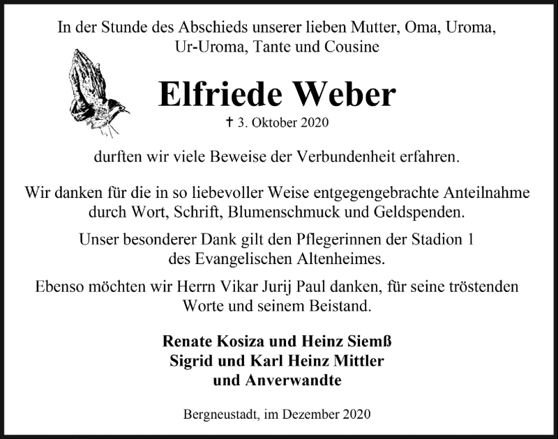  Traueranzeige für Elfriede Weber vom 04.12.2020 aus  Anzeigen Echo 