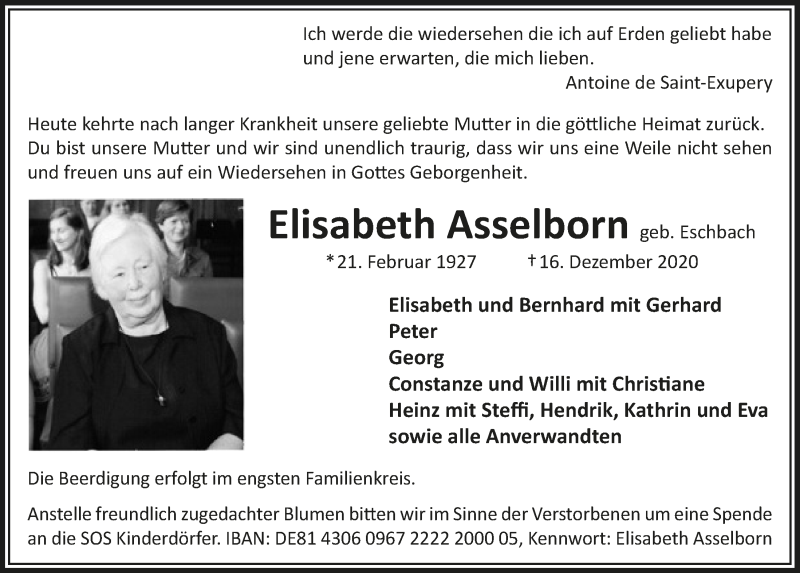  Traueranzeige für Elisabeth Asselborn vom 28.12.2020 aus  Bergisches Handelsblatt 