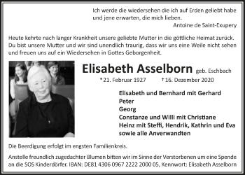 Anzeige von Elisabeth Asselborn von  Bergisches Handelsblatt 