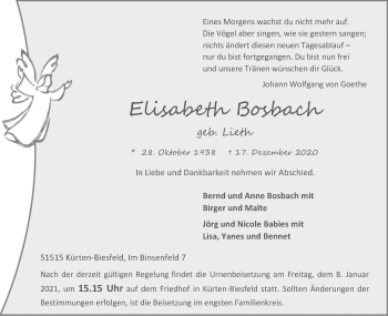 Anzeige von Elisabeth Bosbach von Kölner Stadt-Anzeiger / Kölnische Rundschau / Express