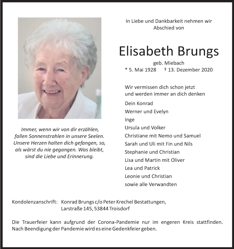  Traueranzeige für Elisabeth Brungs vom 24.12.2020 aus Kölner Stadt-Anzeiger / Kölnische Rundschau / Express