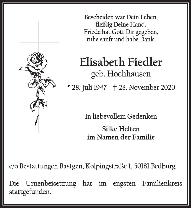  Traueranzeige für Elisabeth Fiedler vom 18.12.2020 aus  Werbepost 