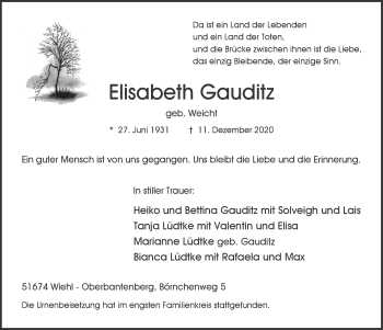 Anzeige von Elisabeth Gauditz von  Anzeigen Echo 