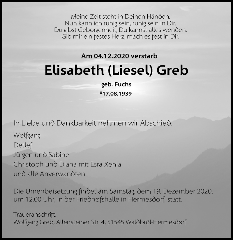  Traueranzeige für Elisabeth  Greb vom 08.12.2020 aus Kölner Stadt-Anzeiger / Kölnische Rundschau / Express