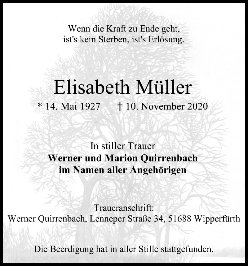  Traueranzeige für Elisabeth Müller vom 05.12.2020 aus Kölner Stadt-Anzeiger / Kölnische Rundschau / Express
