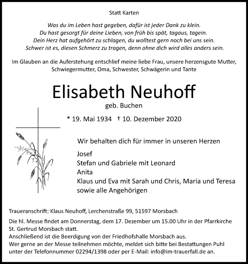  Traueranzeige für Elisabeth Neuhoff vom 12.12.2020 aus Kölner Stadt-Anzeiger / Kölnische Rundschau / Express