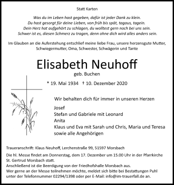 Anzeige von Elisabeth Neuhoff von Kölner Stadt-Anzeiger / Kölnische Rundschau / Express