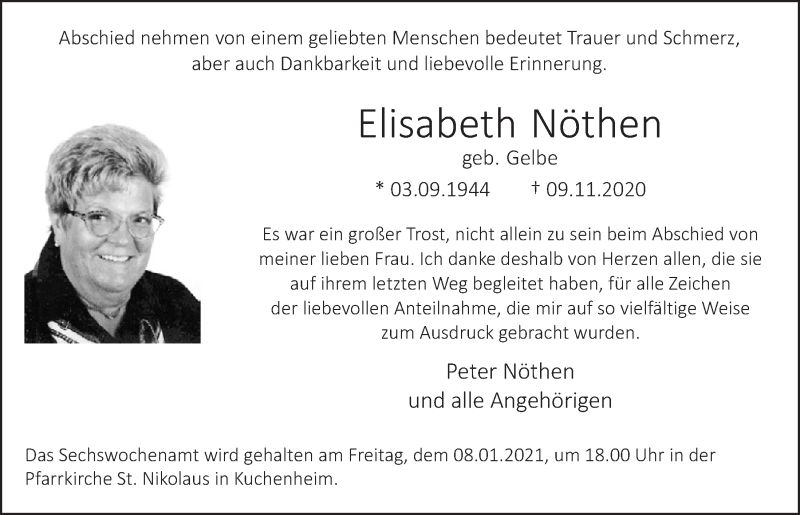  Traueranzeige für Elisabeth Nöthen vom 19.12.2020 aus  Blickpunkt Euskirchen 