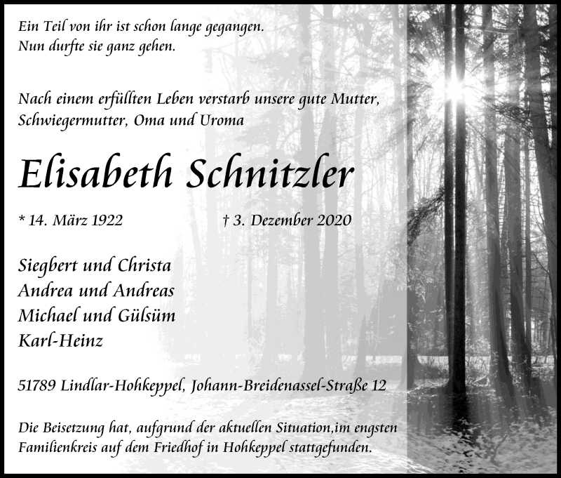 Traueranzeige für Elisabeth Schnitzler vom 12.12.2020 aus Kölner Stadt-Anzeiger / Kölnische Rundschau / Express